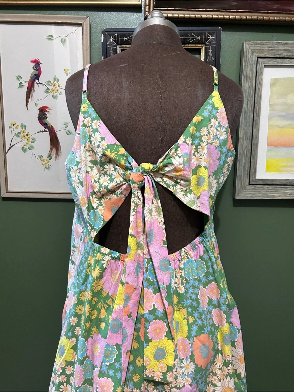 Green Floral Maxi Dress with Pastel Blooms and pockets! - Picture 6 of 7